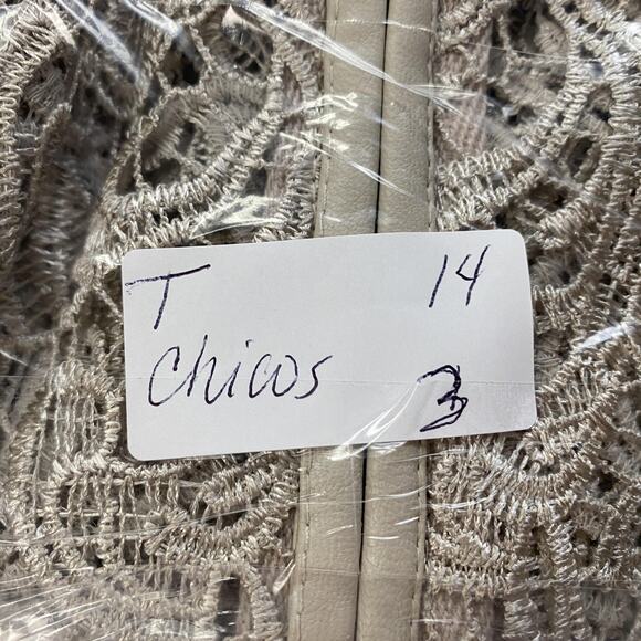 Chicos Open Lace Jacket Cardigan Size 3 Beige Tan Sheer Crochet Lace Dressy XL - Picture 13 of 13